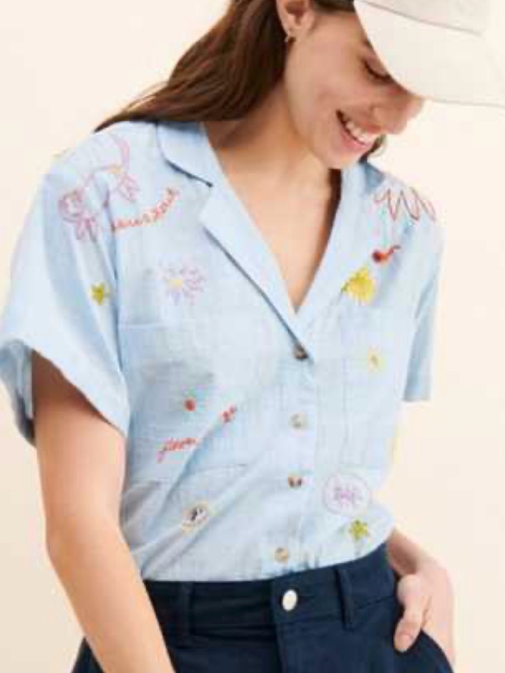 Anthropologie Maeve Embroidered Icon Surf Buttondown Shirt Blue XS EUC